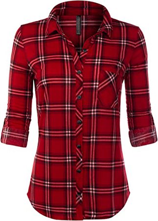 JJ Perfection Women¡¯s Roll Up Long Sleeve Collared Button Down Plaid Shirt Redblack X-Large at Amazon Women’s Clothing store