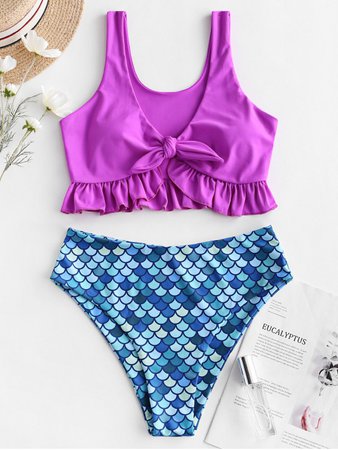 [55% OFF] 2021 ZAFUL Mermaid Tied Plunging Ruffle Tankini Swimsuit In PURPLE FLOWER | ZAFUL