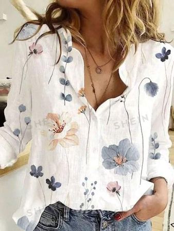 2024 New European And American Style Flower Printed Long Sleeve Shirt | SHEIN