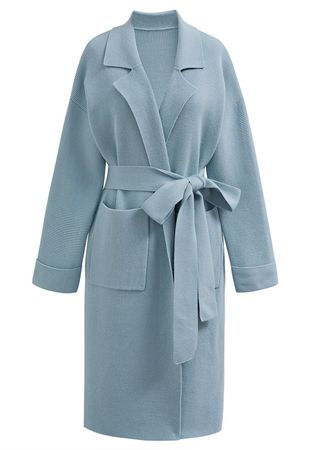 Notch Lapel Belted Longline Knit Cardigan in Blue - Retro, Indie and Unique Fashion