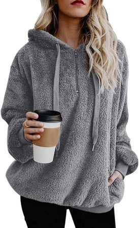 Womens Fuzzy Hoodies Athletic Cozy Fluffy Hoodie Pullover for Women Comfy Fleece Hooded Sweatshirt Light Grey M at Amazon Women’s Clothing store