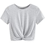 Romwe Women's Knot Front Cuffed Sleeve Striped Crop Top Tee T-Shirt at Amazon Women’s Clothing store