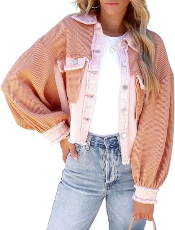 CHARTOU Women's Oversized Waffle Knit Shacket Cropped Color Block Jean Patchwork Blouse Shirt at Amazon Women’s Clothing store