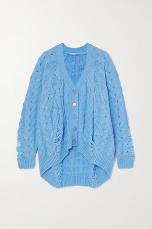 Distressed Cable-knit Alpaca-blend Cardigan - Light blue