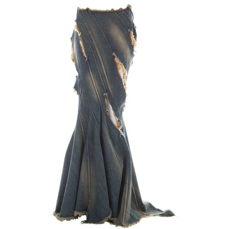 Junya Watanabe blue denim fishtail bias cut skirt with frayed cut outs, ss 2002 For Sale at 1stdibs