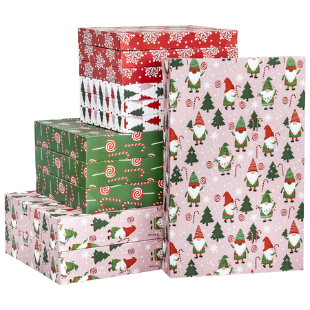 WRAPAHOLIC 12 Pack Christmas Boxes - Assorted Size Holiday T-Shirt Boxes with Lids(Red and Green Gnome, Candy Canes, Snowflakes, Christmas Trees Holiday Collection) for Gift Wrap