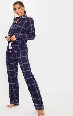 Navy And Pink Check Flannel Long Pj Set | PrettyLittleThing