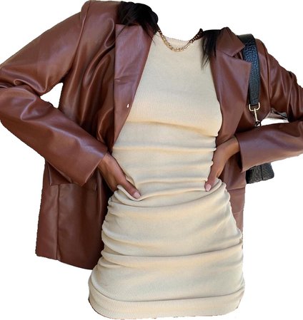 brown leather jacket and dress aesthetic outfit