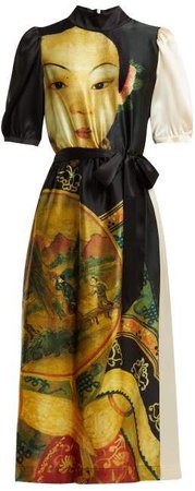 Belted Tang Dynasty Print Satin Dress - Womens - Black Cream