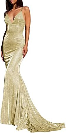 Women's Sparkly Mermaid Evening Party Dresses Long V-Neck Spaghetti Strap Prom Dresses Bodycon Wedding Dresses Champagne 08 at Amazon Women’s Clothing store