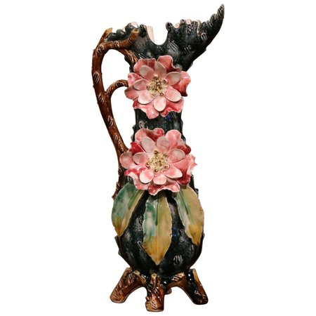 19th Century French Painted Ceramic Barbotine Vase with Floral and Branch Motifs For Sale at 1stDibs