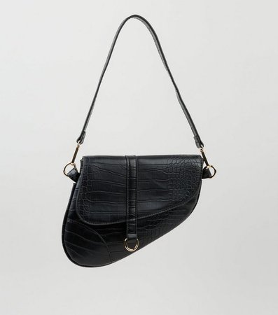 Black Faux Croc Asymmetric Saddle Bag | New Look