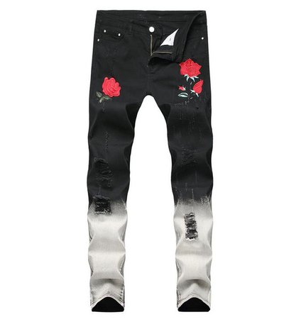 2019 Black +White Ripped Jeans Men Flowers Rose Embroidered Men'S Denim Jeans Stretch Skinny Hole Pants From Huangpanpan2015, $28.43 | DHgate.Com