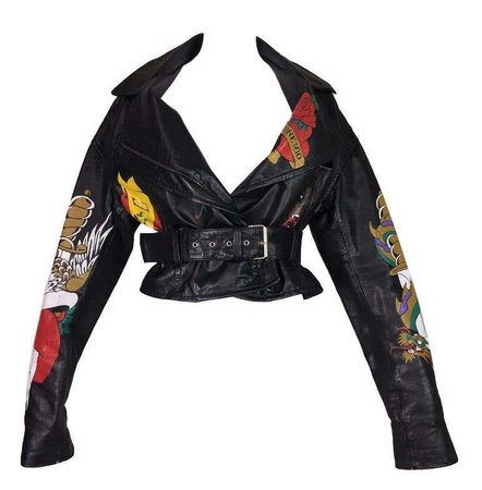 *clipped by @luci-her* 1992 Dolce and Gabbana Runway Black Leather Tattoo Biker Jacket For Sale at 1stDibs
