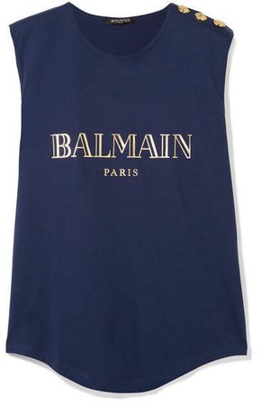 Button-embellished Printed Cotton-jersey Tank - Navy