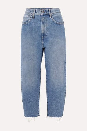Barrel Cropped Distressed High-rise Wide-leg Jeans - Mid denim