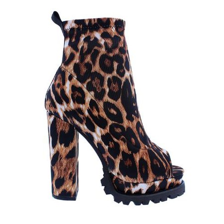 LILIANA Monclair-21 Women Ankle High Side Zipper Platform Lug Sole Chunky High Heel Open Toe Lycra Stretchy Booties Boots Leopard - Sears