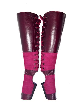 Isabella Mars Burgundy Leather & Ruby Suede AERIAL BOOTS gaiters for protection wear on Trapeze gaiters