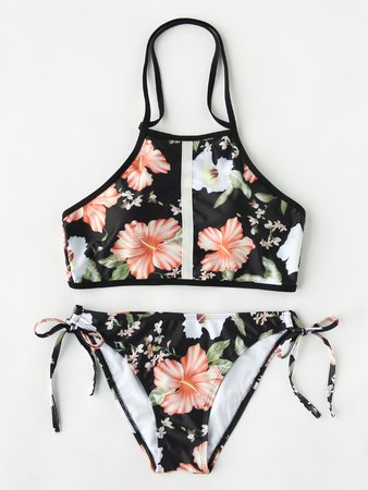 Calico Print Side Tie Backless Bikini Set