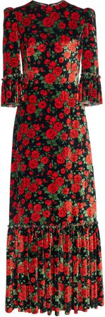 Ruffled Floral-Print Velvet Maxi Dress
