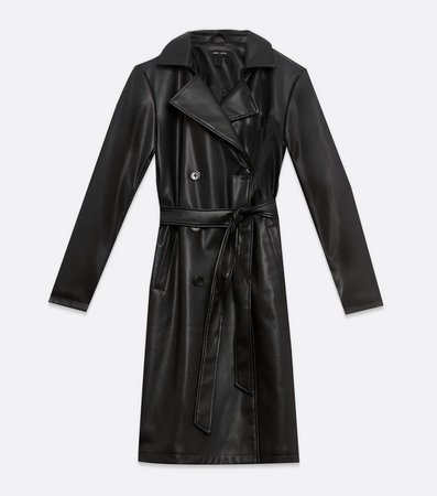 Black Leather-Look Belted Trench Coat | New Look
