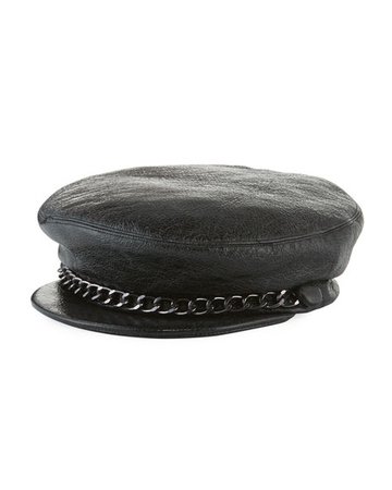 Eugenia Kim Marina Leather Newsboy Hat w/ Chain Front | Neiman Marcus
