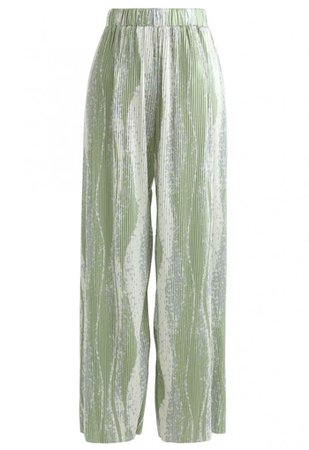 Contrast Color Print Pleated Wide-Leg Pants in Green - NEW ARRIVALS - Retro, Indie and Unique Fashion