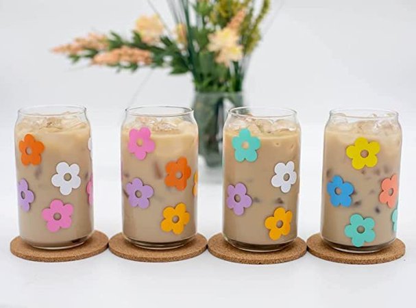 Amazon.com | KHLOE'S CHOICE Retro Flower Glass Jar, Daisy Coffee Glass, Boho Beer Glass Jar , Iced Coffee Glass, 16 oz Beer Glass Can (#3,No Lid & Straw): Beer Glasses