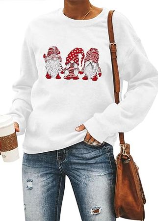 LOTUCY Merry Christmas Sweatshirts For Women Gnomes Santa Christmas Sweatshirt Cute Long Sleeve Pullover Top at Amazon Women’s Clothing store