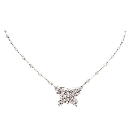 Tiffany and Co. Pink Diamond and Akoya Pearl Butterfly Pendant Necklace For Sale at 1stDibs