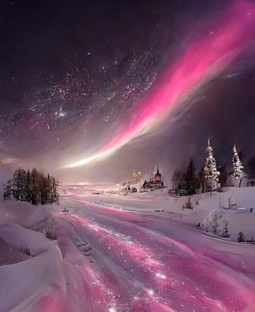 snowy pink northern lights