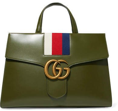 Gg Marmont Striped Canvas-trimmed Leather Tote - Army green