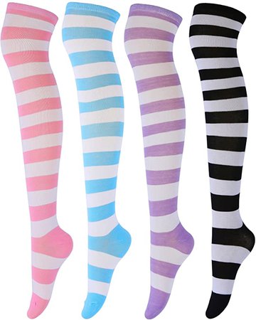 Aneco 4 Pairs Over Knee High Stripe Socks Halloween Cosplay Costume Accessories for Adult Woman (One Size, Mixed Colors B) at Amazon Women’s Clothing store