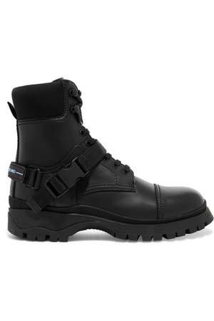 Prada | Logo-embossed rubber and neoprene-trimmed leather ankle boots | NET-A-PORTER.COM