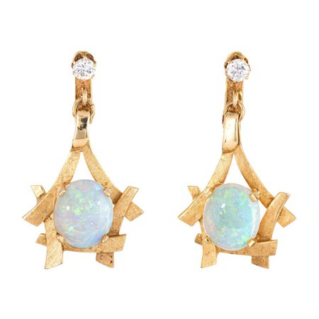 Vintage 1970s Opal Diamond Earrings 14 Karat Yellow Gold Dangle Clip-On Jewelry