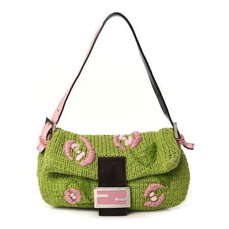 FENDI Crochet Calf Hair Tulip Baguette Green Pink 1246144 | FASHIONPHILE