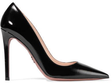 Glossed Textured-leather Pumps - Black