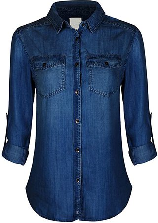 Amazon.com: Design by Olivia Women's Classic Long/Roll Up Sleeve Button Down Denim Chambray Shirt Medium Denim L: Clothing