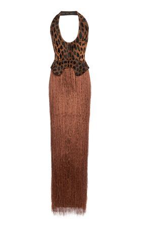 Embroidered Leopard Silk Fringe Halter Maxi Dress By Tom Ford | Moda Operandi