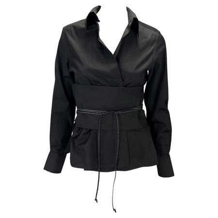 F/W 2002 Gucci by Tom Ford Black Obi Leather Belted Plunge Cotton Blouse For Sale at 1stDibs
