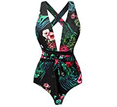 Begonia.K Women's Tropical Print Deep V-Neck Criss Cross Floral One Piece Swimsuit (X-Large, Multicoloured) at Amazon Women’s Clothing store