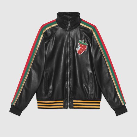 Leather bomber jacket with Gucci Strawberry - Gucci Bomber Jackets 573073XNABO1082
