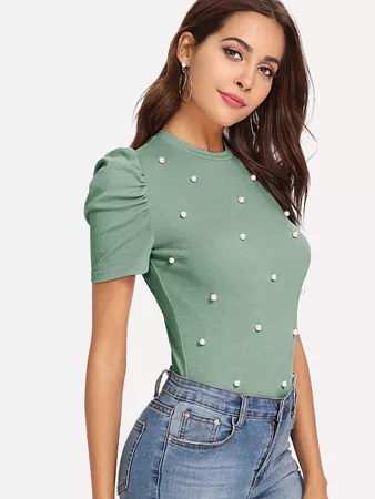 Pearls Beaded Puff Sleeve Fitted Top -SHEIN(SHEINSIDE)