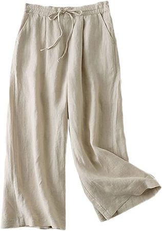 Mordenmiss Women's Linen Drawstring Pants Wide Leg Elastic Waist Cropped Pants Trousers (XXL, Nature) at Amazon Women’s Clothing store