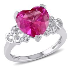 10K White Gold White Diamond, Created Ruby & Created Pink Sapphire Flower Ring Set