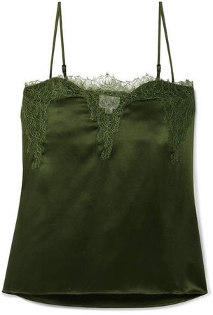 The Sweetheart Lace-trimmed Silk-charmeuse Camisole - Army green