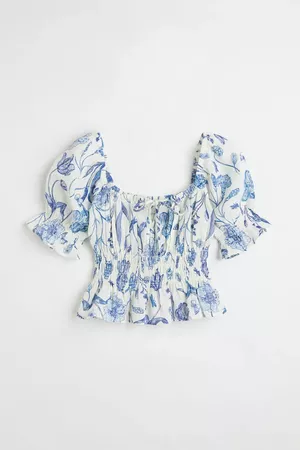 Puff-sleeved Peplum Blouse - White/Floral - Ladies | H&M CA