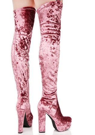 Pink Mauve velvet thigh high platform high heel boots