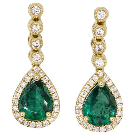 Emerald Diamond Drop Earrings 1.95 Carat 18 Karat Yellow Gold