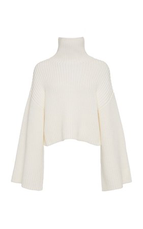Sally LaPointe Luxe Corded Viscose High Neck Bell Sleeve Sweater